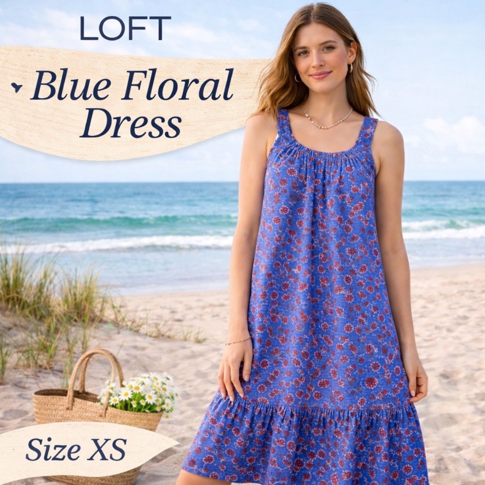 LOFT Blue Floral Ruffle Hem Dress XS Casual Comfy Summer